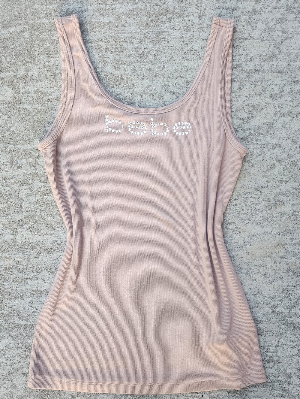 bebe Rhinestone Bling Logo Tan Nude Ribbed Scoop Tank Top, Womens L Y2K